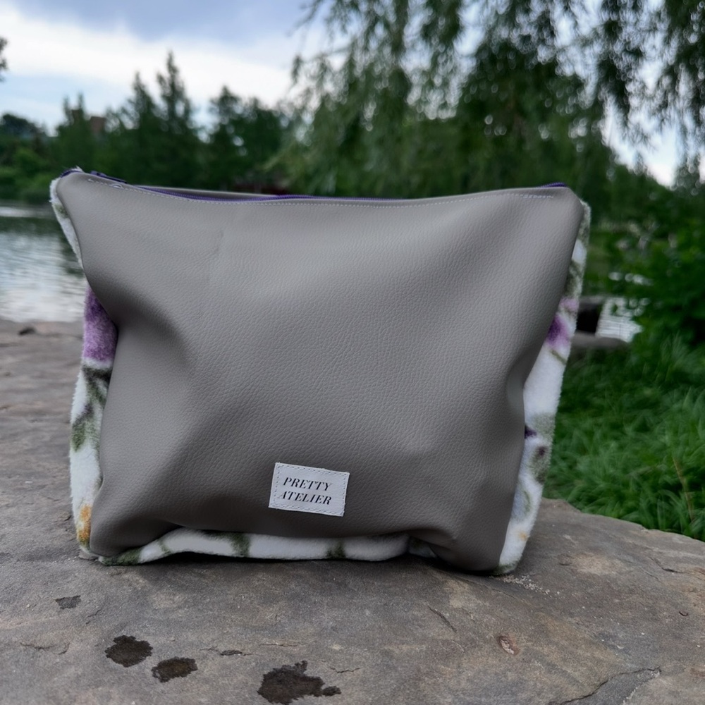 FAUX LEATHER POUCH BY PRETTYATELIER Gray and Floral Cosmetic Bag